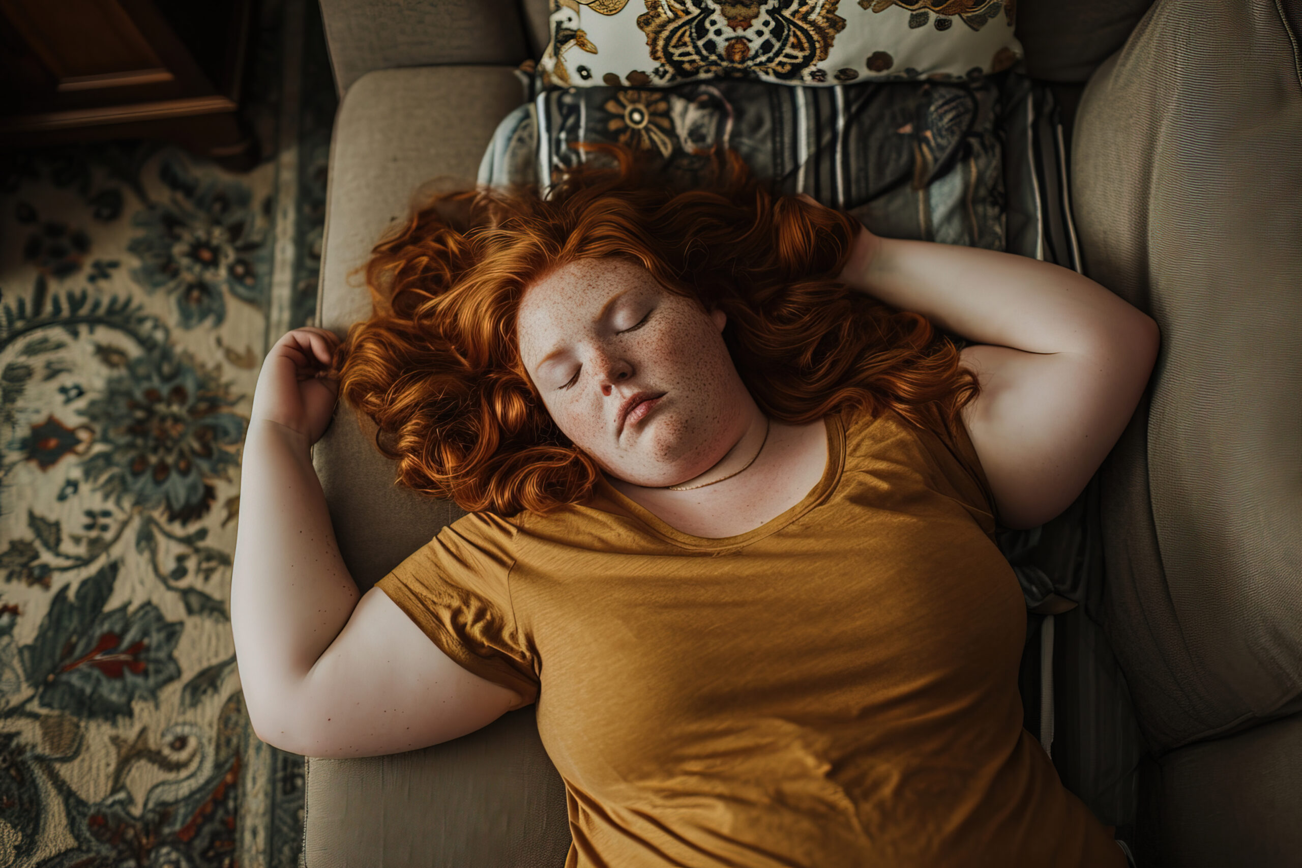 Exhausted, overweight woman on couch.